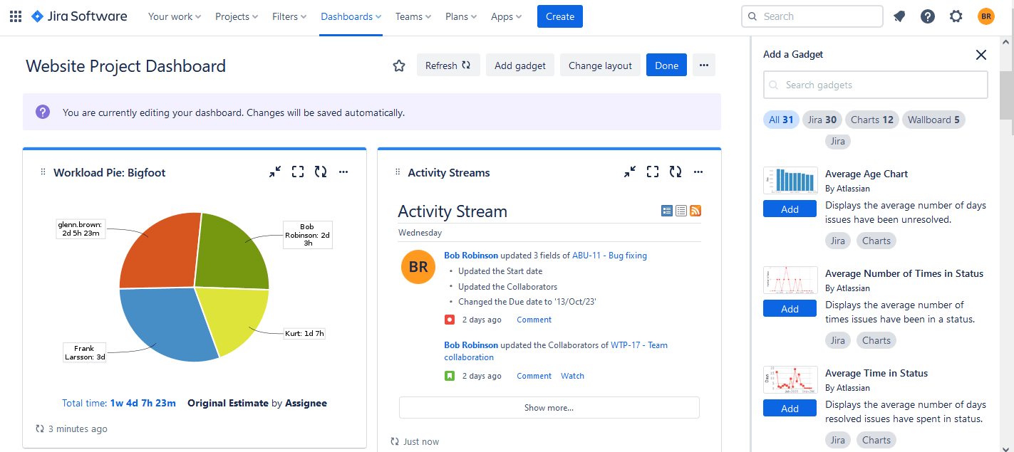 Advanced Charts in Jira Team Utilization Pie Chart ActivityTimeline